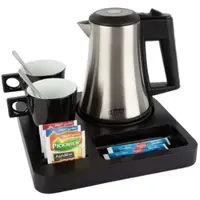 B-Tray Willkommenstablett STAY Schwarz mit Wasserkocher STAR 0,5 L Schwarz und A5 Prospekthalter