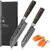 Wakoli EDIB Essentials 2er Damastmesser Santoku Messer-Set - 12cm & 18cm I Profi Küchenmesser aus 67 Lagen Damaststahl - Pakkaholzgriff - Inklusive