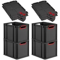 Proregal SuperSparSet 4x Eurobox NextGen Color mit Scharnierdeckel & Verschlüssen, HxBxT 32x30x40cm, 30L, Schwarz, Griffe rot offen, Eurobehälter