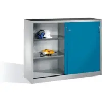 C+P Werkzeug-Beistellschrank mit Schiebetüren, innen 2 x 2 Böden, H1200xB1600xT400mm Front Lichtblau Korpus Lichtgrau