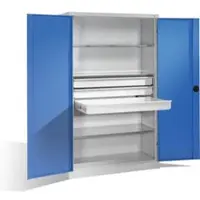 C+P Schwerlastschrank mit Drehtüren, 3 Böden und 3 Schübe, H1950xB1200xT500mm Front Lichtblau Korpus Lichtgrau