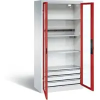 C+P Akku-Ladeschrank für 5 E-Werkzeuge, 3 Schubladen, Sichtfenster, H1950xB930xT500mm, Feuerrot/Lichtgrau