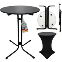 Chefgastro Stehtisch mit Hussen klappbar Rund Rund HxØ 110x80cm Bistrotisch Stahl MDF-Platte mit Edelstahlbeschichtung Schwarz wetterfest Gartentisch