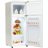 OKWISH Zweitüriger Kühlschrank 92 L 105×41×45cm freistehend leise energieeffizient D-Klasse mit LED-Licht und verstellbaren Ablagen Antikweiß