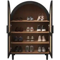 OKWISH Schuhschrank Sideboard 70x40x100 cm mit 2 Rattantüren, 3 Böden, verstellbar, Metallbeine, elegante Aufbewahrung, Schwarz+Holz