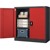 DELUKE Aktenschrank abschließbar KADO - 3 Ebenen, Flügeltüren | Metallschrank Werkstatt Büroschrank aus Stahl Werkzeugschrank, 93x90x40cm Anthrazit-Rot