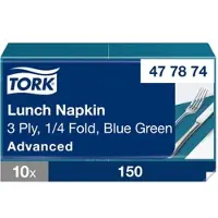 Tork Lunchserviette Blaugrün, 1/4-Falz, 3-lagig, 33 cm × 33 cm, 10 × 150 Serviet...