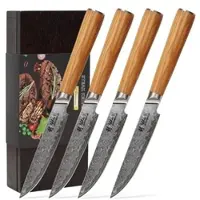 Wakoli Oribu 4er Damast Steakmesser Set I 12,50cm Klinge I Olivenholzgriffe