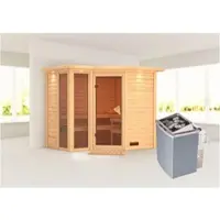 Karibu Sauna Innensauna Amara Eckeinstieg Ofen 9 kW integr. Strg 264x198x214 cm mit Dachkranz