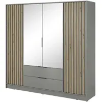 Bettso Eleganter Viertüriger Kleiderschrank mit 2 Große Schubladen für Schlafzimmer Nelly 4D mit Spiegel und Eiche Artisan Lamellen Fronten / Grau