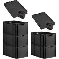Proregal SparSet 5x Eurobox NextGen Grip mit Auflagedeckel & 4 schwarzen Verschlüssen, HxBxT 32x40x60cm, 65L, Schwarz, Griffe offen, Eurobehälter