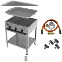 ChattenGlut ChattenTec Professional doppelwandiger Gastrobräter 3-flammig Standgerät 12 kW, Flüssiggas 650x530x830 mm mit Gewerberegler und Rost und Pfanne