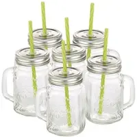 Pearl Retro-Trinkglas mit Henkel, Deckel und Trinkhalm, 6er-Set