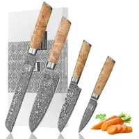 Zayiko Kinone 4er Damastmesser-Set I 8-20 cm Klingen I Wurzelholzgriffe Birke