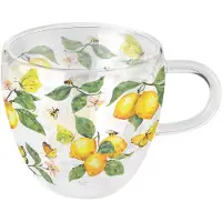 Ambiente Tasse 10cm Glas doppelwandig mit Zitronen & Schmetterling Motiv - 0,2L Glastasse Glasgeschirr Kaffeeglas Teeglas Kaffeetasse Teetasse Kakaotasse