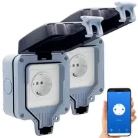 Luminea Home Control 2er-Set Outdoor-WLAN-Aufputzsteckdosen, Sprachsteuerung, Messung, App