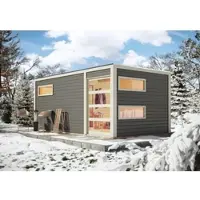 Karibu , Holz Gartensauna / Saunahaus "Skrollan 3", terragrau, 396 x 231 x 227 cm (B x T x H), mit Ofen 9 kW + Steuergerät Easy Finnisch mit Klarglastür, eckiges Fenster