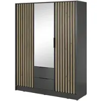 Bettso Eleganter Dreitüriger Kleiderschrank mit 2 Schubladen für Schlafzimmer Nelly 3D mit Spiegel und Eiche Artisan Lamellen Fronten / Graphit