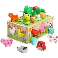 Playtastic 25-teiliges Sortierspielzeug "Farm" aus Holz, mit Tieren und Pflanzen