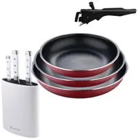 Bergner - Set mit 3 Bratpfannen Ø18/20/24cm aus gepresstem Aluminium, rot, mit abnehmbarem Griff mit 3-teiliges Edelstahlmesser-Set mit Messerblock