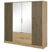 Bettso Eleganter Viertüriger Kleiderschrank mit 2 Große Schubladen für Schlafzimmer Nelly 4D mit Spiegel und Schwarz Lamellen Fronten / Eiche Artisan