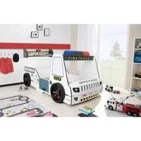 Aileenstore Autobett Kinder 90x200 cm Feuerwehrbett "Rio Firetruck" mit Wandregal