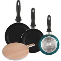 Bergner - Set aus 3 Pfannen Ø16/20/24cm aus gepresstem Aluminium in metallic-blau mit Rundes Schneidebrett 38x28x1,5 cm aus Buchenholz
