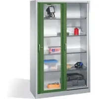 C+P Werkzeugschrank mit Sichtfenster-Schiebetüren, 4 Böden, H1950xB1200xT500mm Front Resedagrün Korpus Lichtgrau