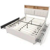 HAUSS SPOLE Polsterbett Doppelbett 140×200 mit verstellbarem Kopfteil, 4 Schubladen, USB-Steckdose, Lattenrost, Stauraum, Leinen, Beige