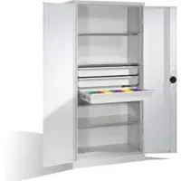 C+P Schwerlastschrank mit Drehtüren, 3 Böden und 3 Schübe, H1950xB930xT500mm Front Lichtgrau Korpus Lichtgrau