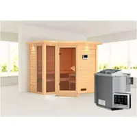 Karibu Sauna Innensauna Amara Eckeinstieg Ofen 9 kW externe Strg easy 264x198x214 cm mit Dachkranz