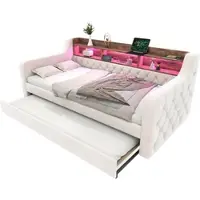 MODFU Ausziehbett 90x190 aus Samt mit Stauraum, LED Beleuchtung und USB-C, wandelbares Sofa Bett mit Lattenrost, platzsparendes Bettgestell Beige