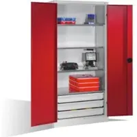 C+P Schwerlastschrank mit Drehtüren, 4 Böden und 3 Schübe, H1950xB930xT500mm Front Rubinrot Korpus Lichtgrau