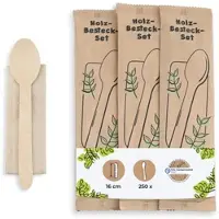 Biozoyg 500 Stück Einweg-Besteck-Set Partybesteck Biobesteck kompostierbar, Holzbesteck Holzlöffel bestehend aus Einweglöffel und Recycling-Serviette