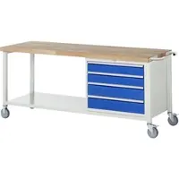 RAU Mobile Werkbank mit Ablageboden - 4 XL Schubladen - Teilauszug - 120:2 / 150:2 - 880 x 2.000 x 700 mm (HxBxT) - Traglast 450 kg - Buche