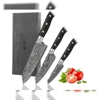 Wakoli Nitoko 3er Kiritsuke Damastmesser-Set - Profi Damast-Küchenmesser Set aus echtem 67 Lagen Damaststahl mit G10 Griff, durchgehender Erl - Inklus