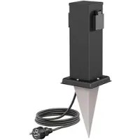 Ledscom.de Garten-Steckdosen-Säule Polly mit Erdspieß und 2m Kabel für außen, IP44, 2-Fach, Edelstahl, eckig, schwarz, 27cm