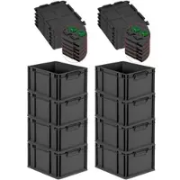 Proregal SuperSparSet 8x Eurobox NextGen Grip mit Scharnierdeckel & grünen Verschlüssen, HxBxT 22x30x40cm, 20L, Schwarz, Griffe zu, Eurobehälter