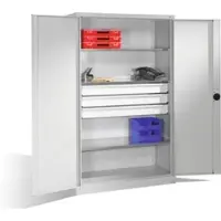 C+P Schwerlastschrank mit Drehtüren, 3 Böden und 3 Schübe, H1950xB1200xT500mm Front Lichtgrau Korpus Lichtgrau
