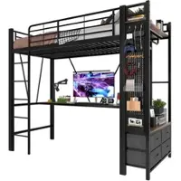 OKWISH Hochbett 90x200 cm aus Metall mit Schreibtisch und LED-Beleuchtung – perfekt für platzsparende Lösungen Schwarz