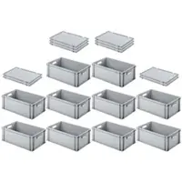Proregal SuperSparSet 10x Eurobehälter mit Offenem Griff und Scharnierdeckel HxBxT 22 x 40 x 60 cm 38 Liter Grau Eurobox Transportbox