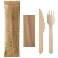 VEPATIM 50x Holzbesteck Set Messer Gabel Serviette natur einzeln verpackt in Papierbeutel