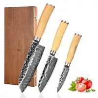Zayiko 3er Damastmesser-Set I 9 - 17 cm Klingen I Olivenholzgriffe und Hammerschlag