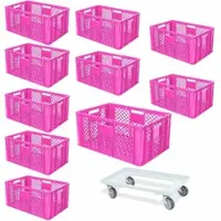 BRB-Lagertechnik BRB 10 Euroboxen, 600x400x320 mm, lebensmittelecht, pink + Transportroller