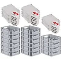 Proregal 16x Eurobox NextGen Grip mit Scharnierdeckel & roten Verschlüssen | HxBxT 12x30x40cm | 11 Liter | Griffe offen | Glatter Boden