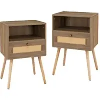 Costway Nachttisch Rattan 2er Set mit Massivholzbeinen