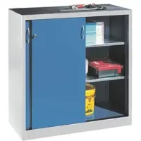 C+P Schiebetüren-Werkzeugschrank Acurado, B 1200 x T 500 x H 1200 mm, je Fachboden 70 kg, Stahl, lichtgrau/enzianblau