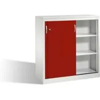 C+P Akten-Sideboard Acurado mit Schiebetüren, 3 Ordnerhöhen, H1200xB1200xT500mm Front Rubinrot Korpus Lichtgrau