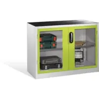 C+P Werkzeug-Beistellschrank mit Sichtfenster-Drehtüren, 1 Boden, H1000xB1200xT500mm Front Viridingrün Korpus Lichtgrau