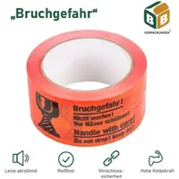 BB-Verpackungen 6 Rollen Rolle Klebeband PVC “Bruchgefahr“ (50 mm x 60 m) signalrot Paketband Transport Umzug Versand